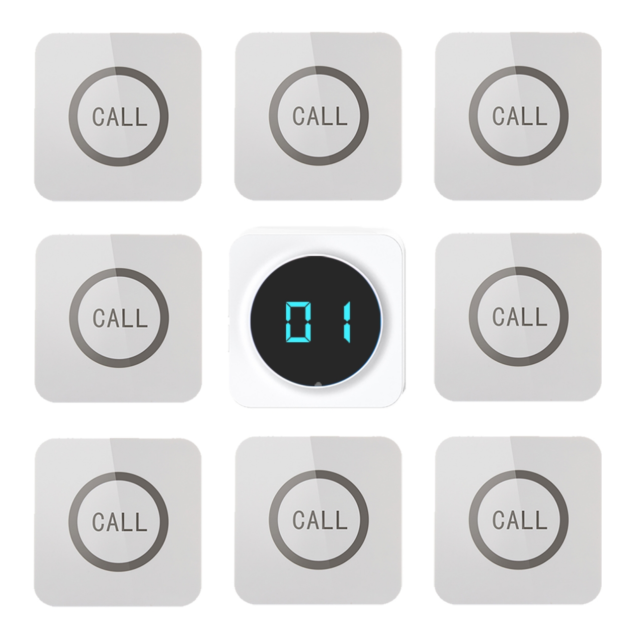 ALIBELL Restaurant Pager System Waiter Calling System for Restaurants Hotel Cafe Bar 8 Waterproof Wireless Call Buttons with 1 Number Display Receiver 31 Ringtones 2-language Broadcast